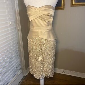Adrianna Papell Strapless Champagne Lace Peplum Cocktail Dress Size 8 Wedding